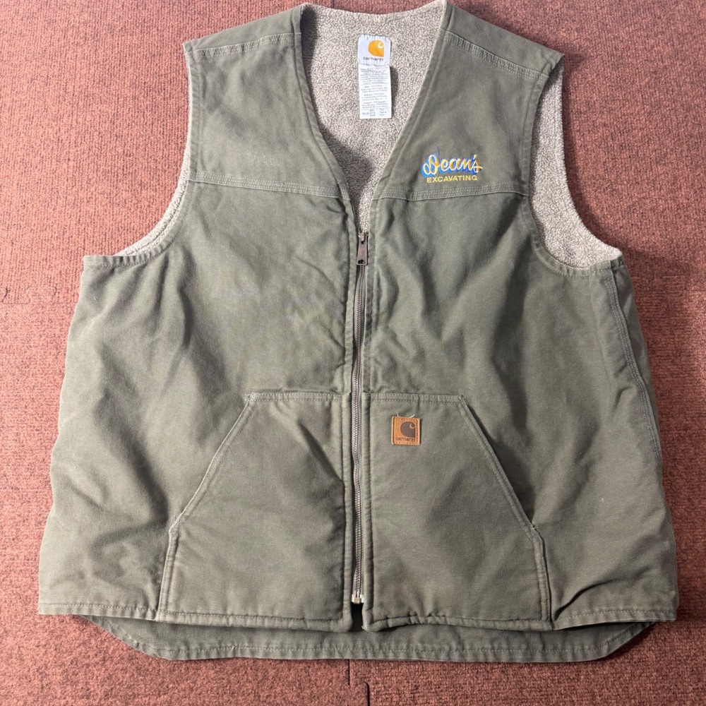 A+ Carhartt V26 LOV Sandstone Sherpa Lined Vest Mens 2XL Tall Olive Green Canvas